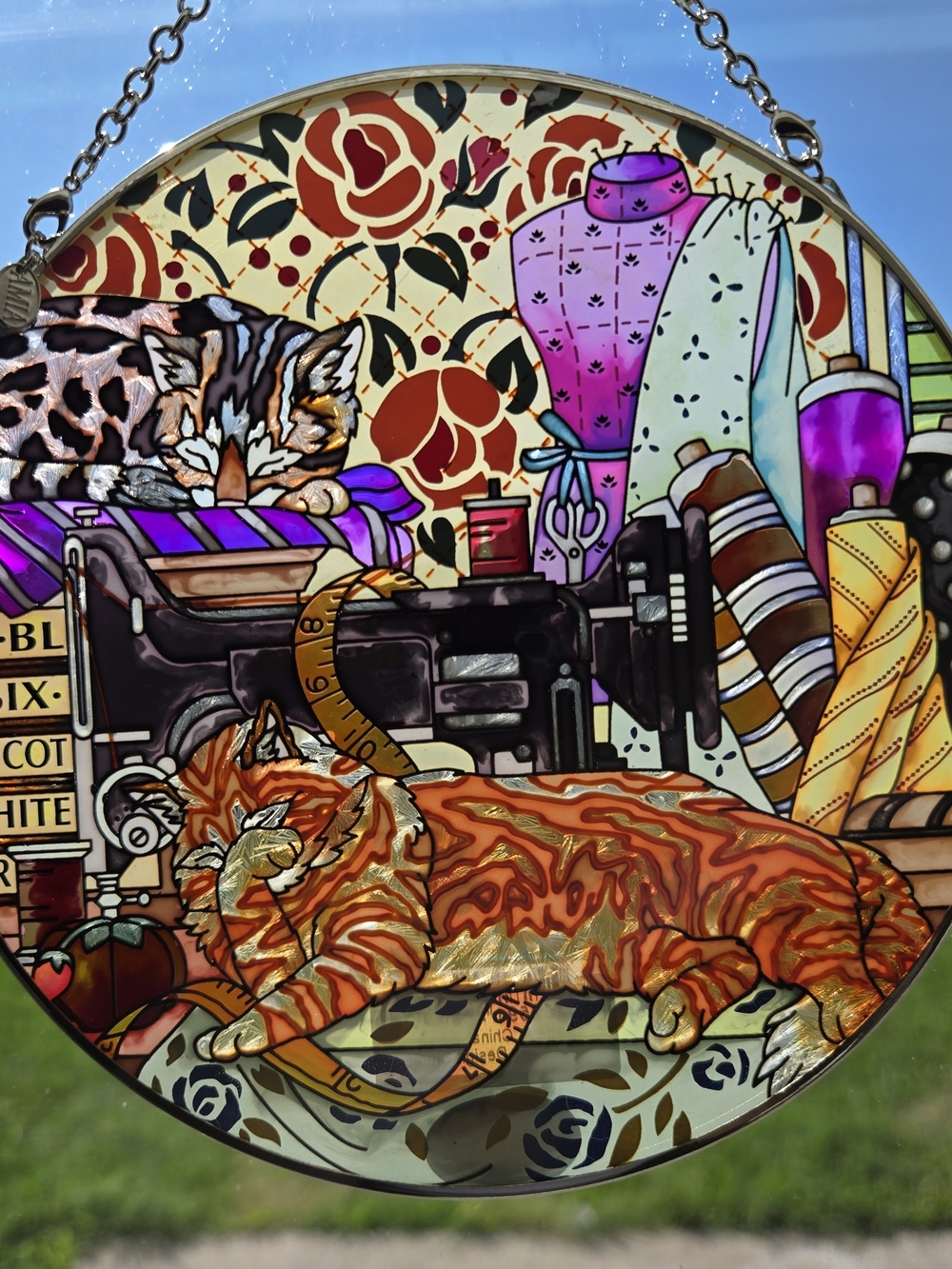 AMIA Studios Stained Glass Suncatcher - Orange Tabby Cats & Sewing Room